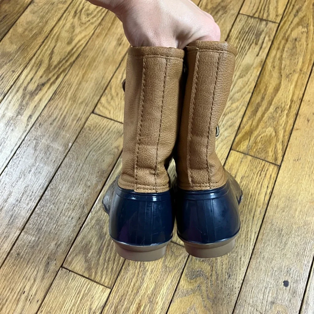Navy Blue‎ and Tan Lace Up Duck Boots Waterproof Rain Boots Womens Size 6